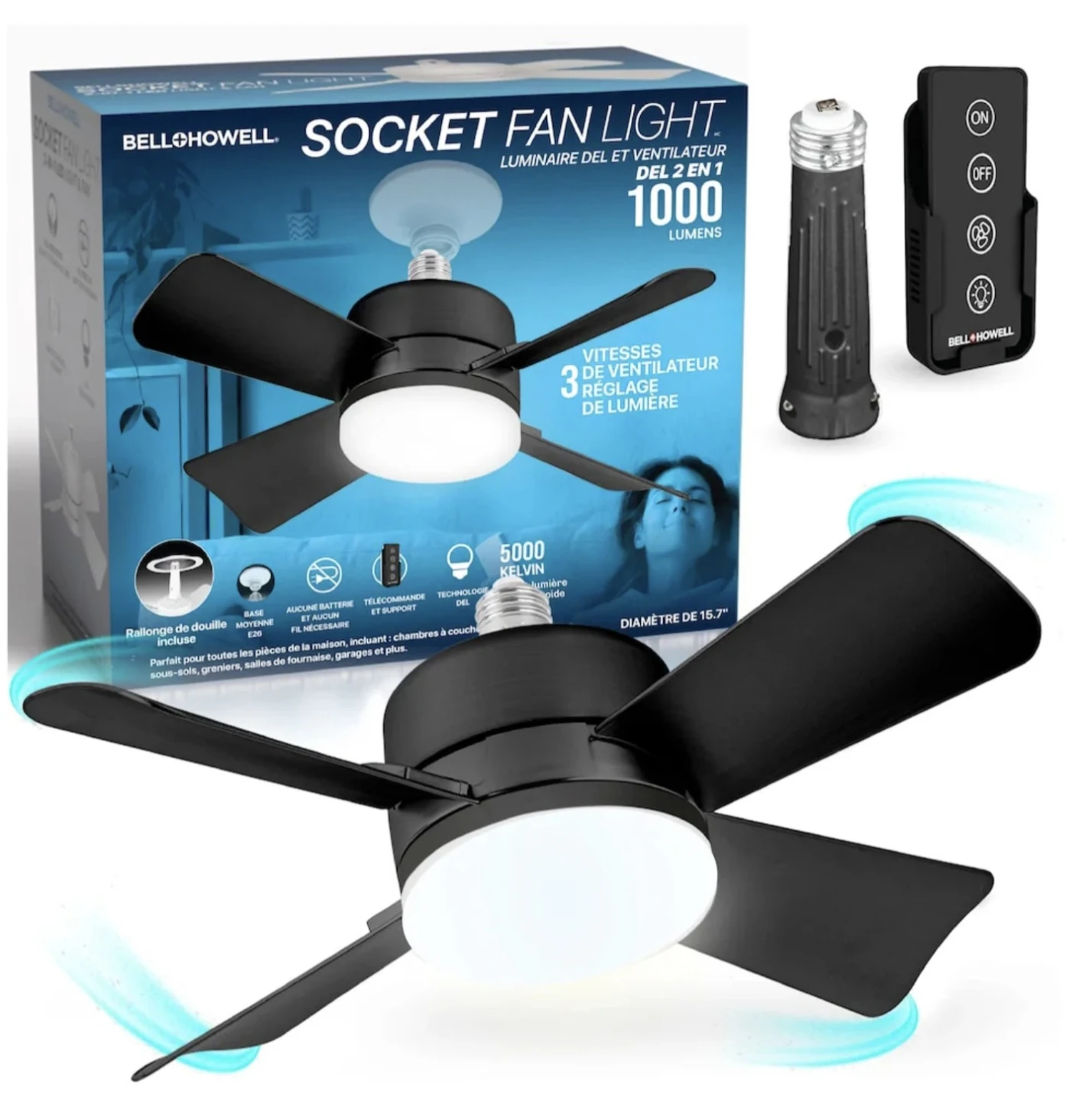 Bell + Howell 29W Black Socket Fan Light with Remote - photo 2