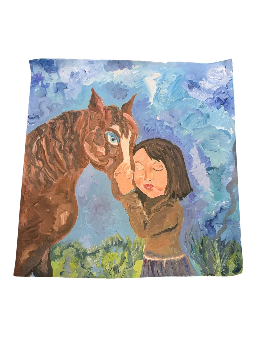 Large original Painting full color hand signed girl and horse