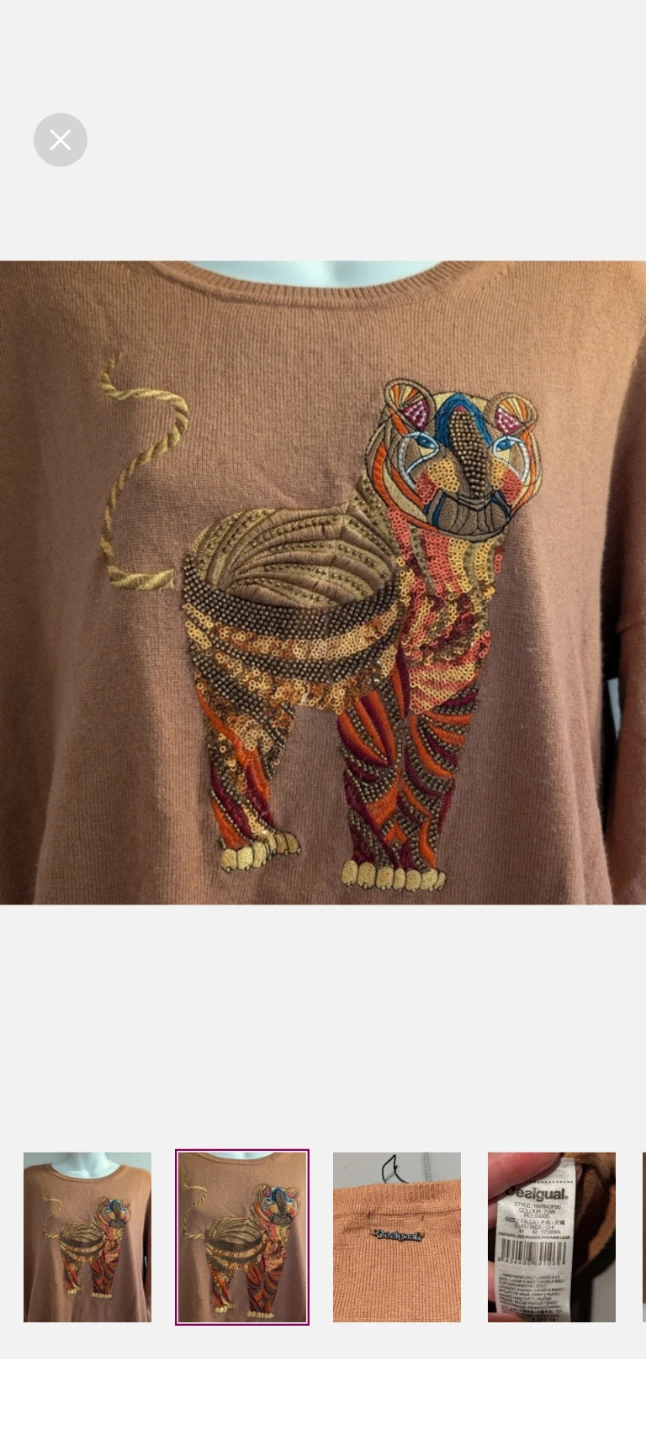 Desigual Women's Tan Tiger Embroidered Sweater Size M - photo 2