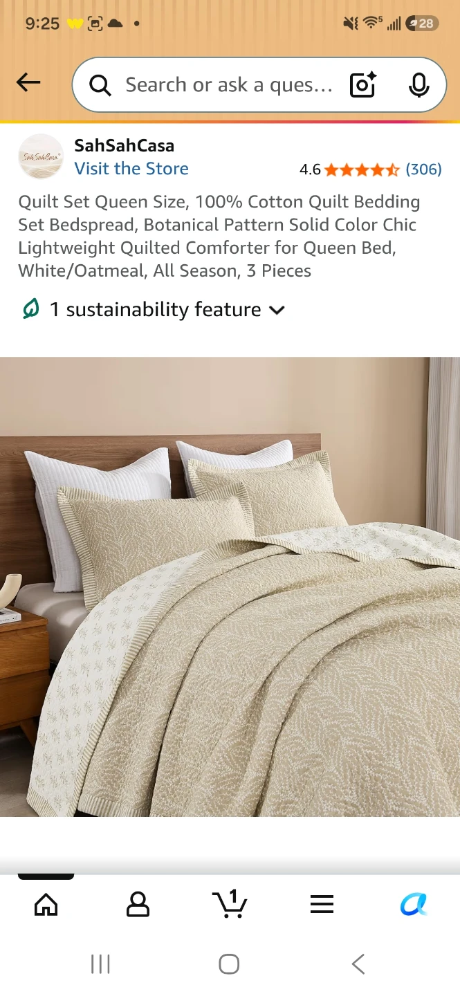 SahSahCasa Quilt Set Queen 3 Pieces 100% Cotton White/Oatmeal