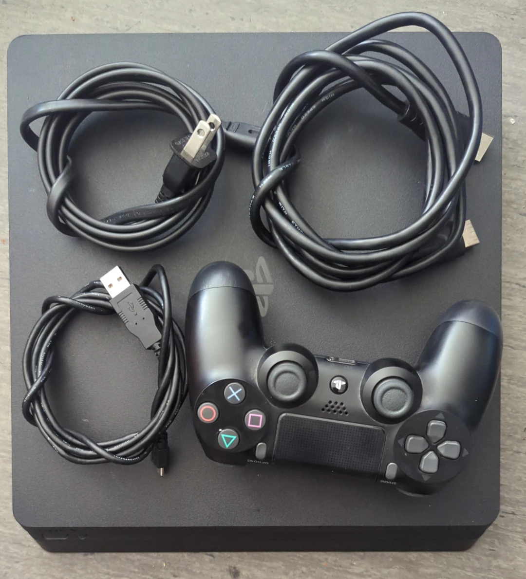 PlayStation 4 Slim Console with Controller and Cables