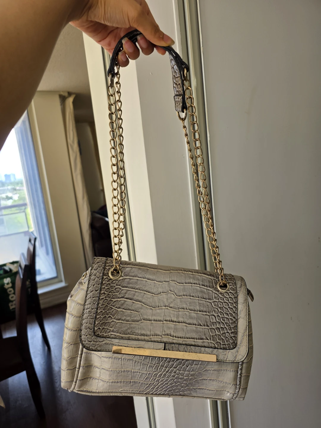 Grey Faux Croc Shoulder Bag with Gold Chain - photo 2