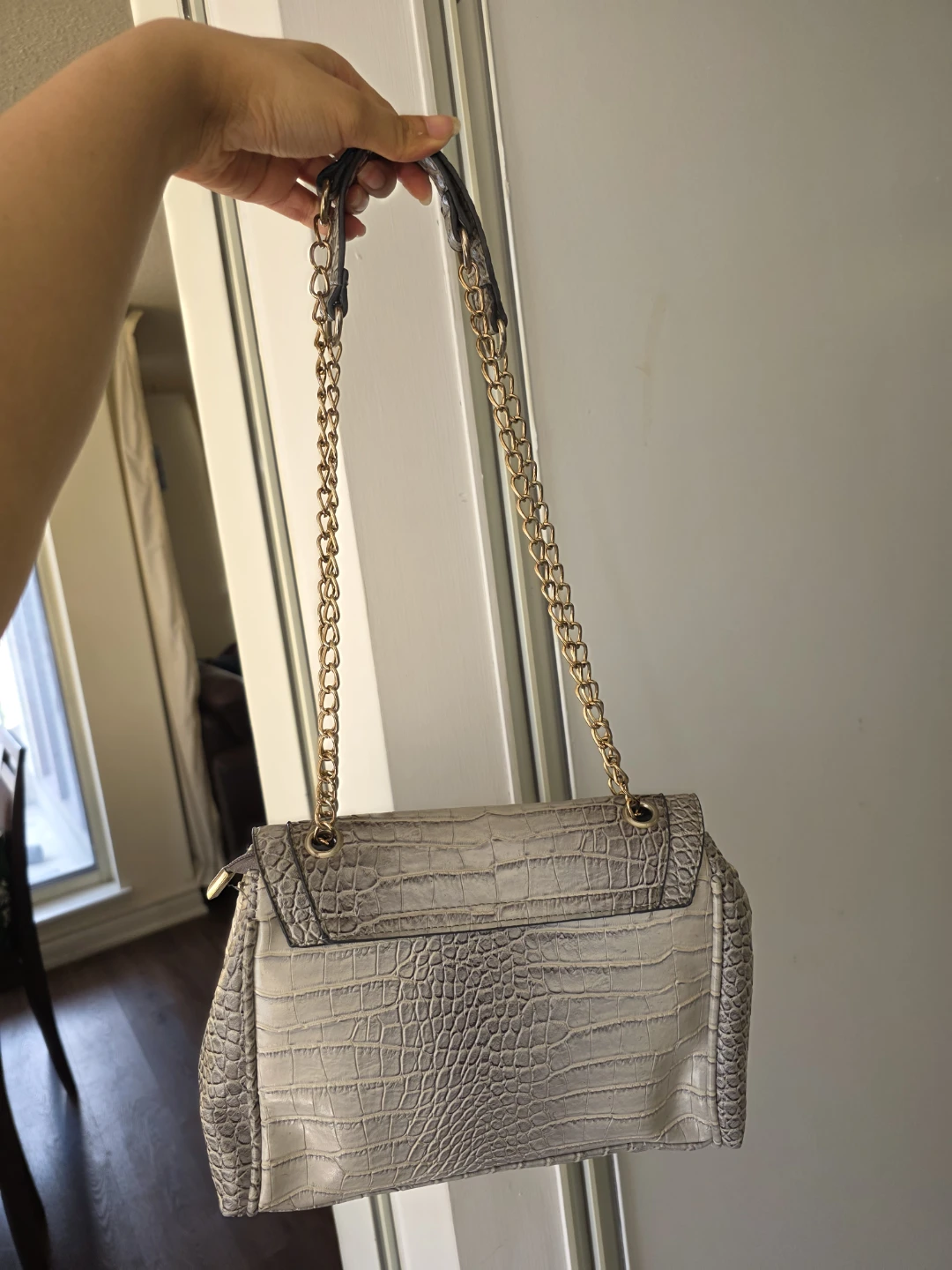 Grey Faux Croc Shoulder Bag with Gold Chain - photo 3