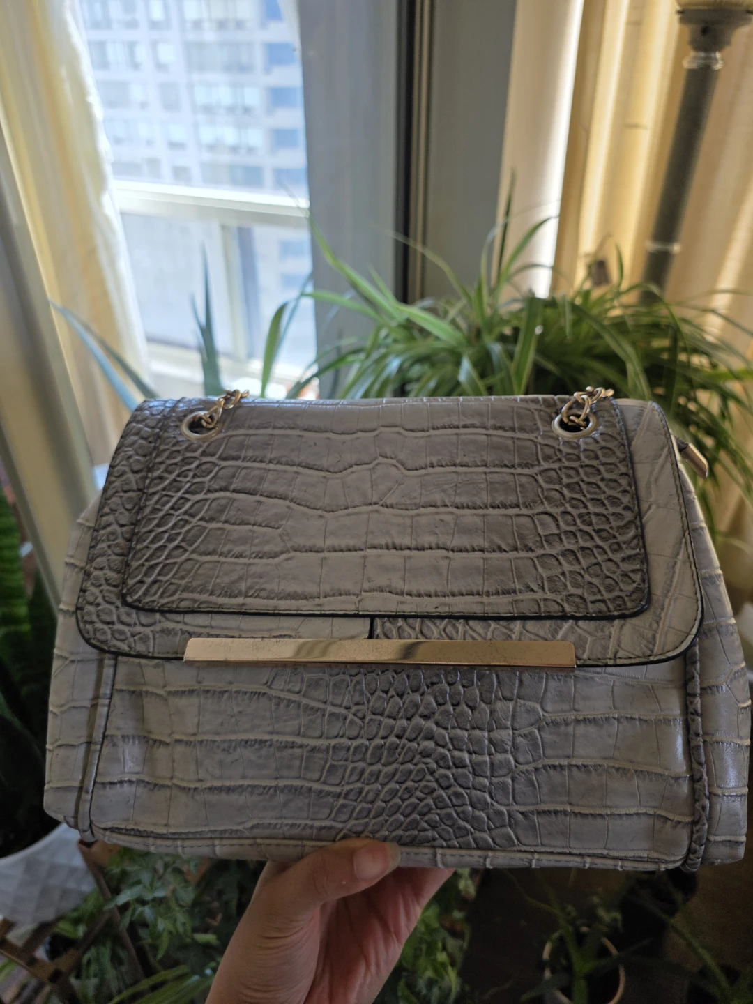 Grey Faux Croc Shoulder Bag with Gold Chain - photo 4