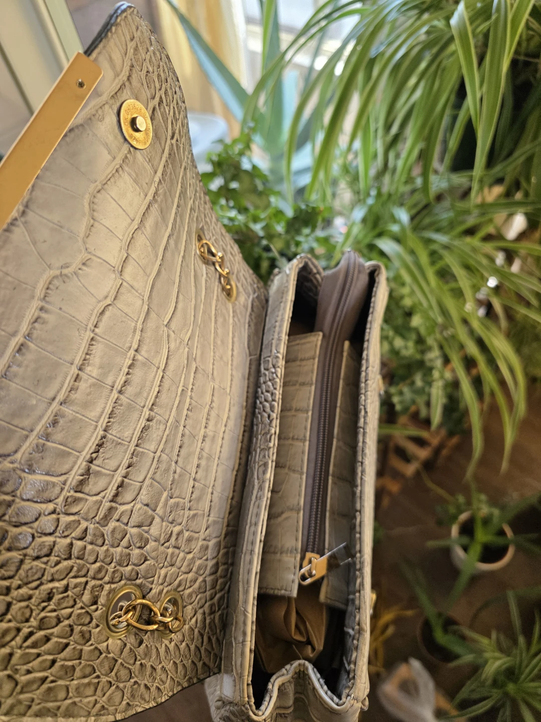 Grey Faux Croc Shoulder Bag with Gold Chain - photo 5