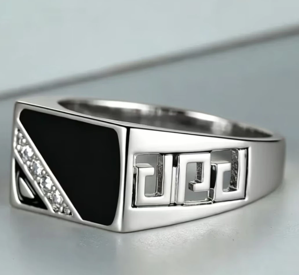 Men's Silver Signet Ring with Black Stone