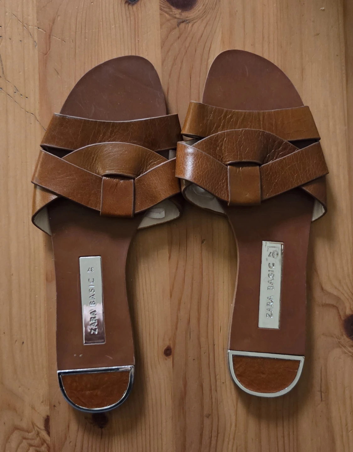 ZARA BASIC Brown Leather Slide Sandals