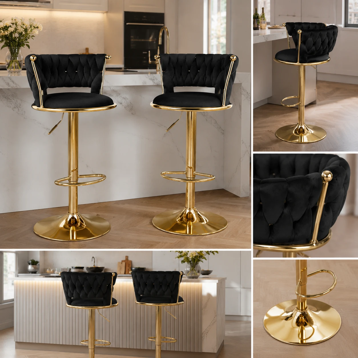 2 pc brand new Luxury Bar Stool Set - Black Velvet & Gold - photo 4