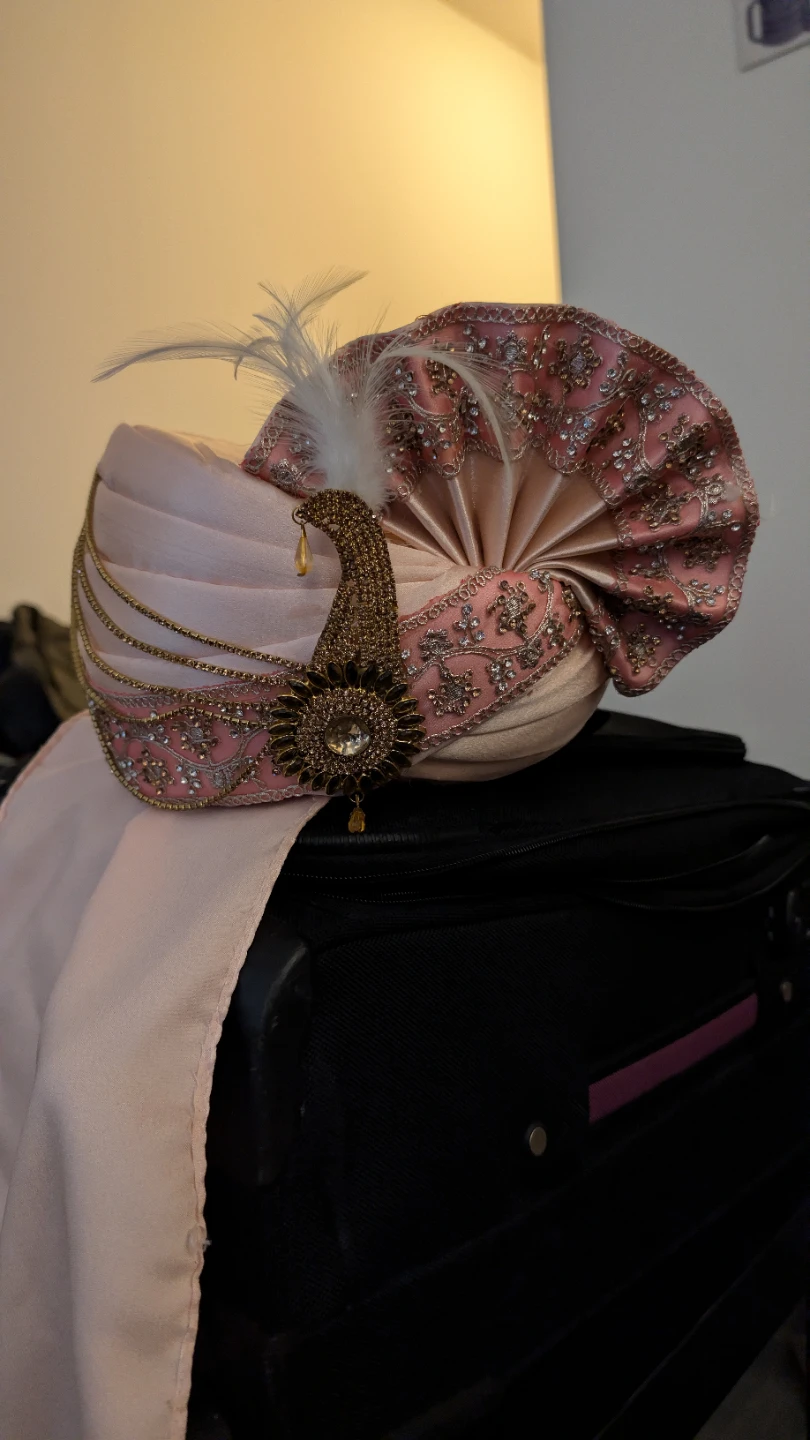 Pink Sequin & Feather Embellished Turban