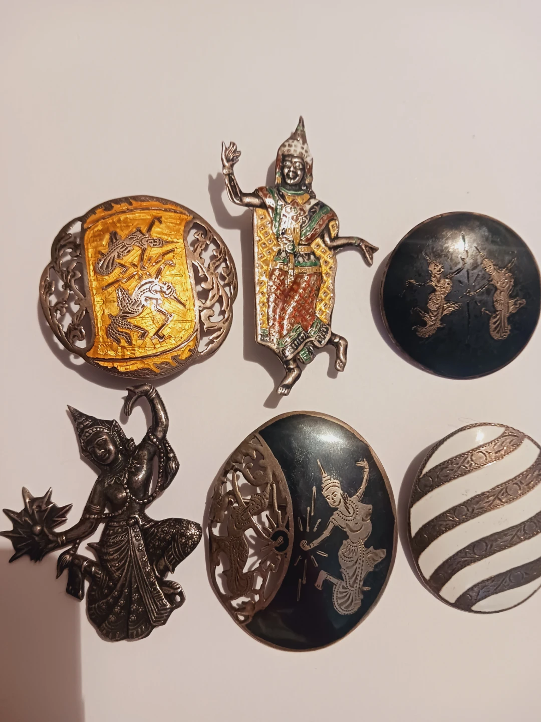 Lot of 6 Sterling Silver 925 Siam Niello Thai Dancers Brooches