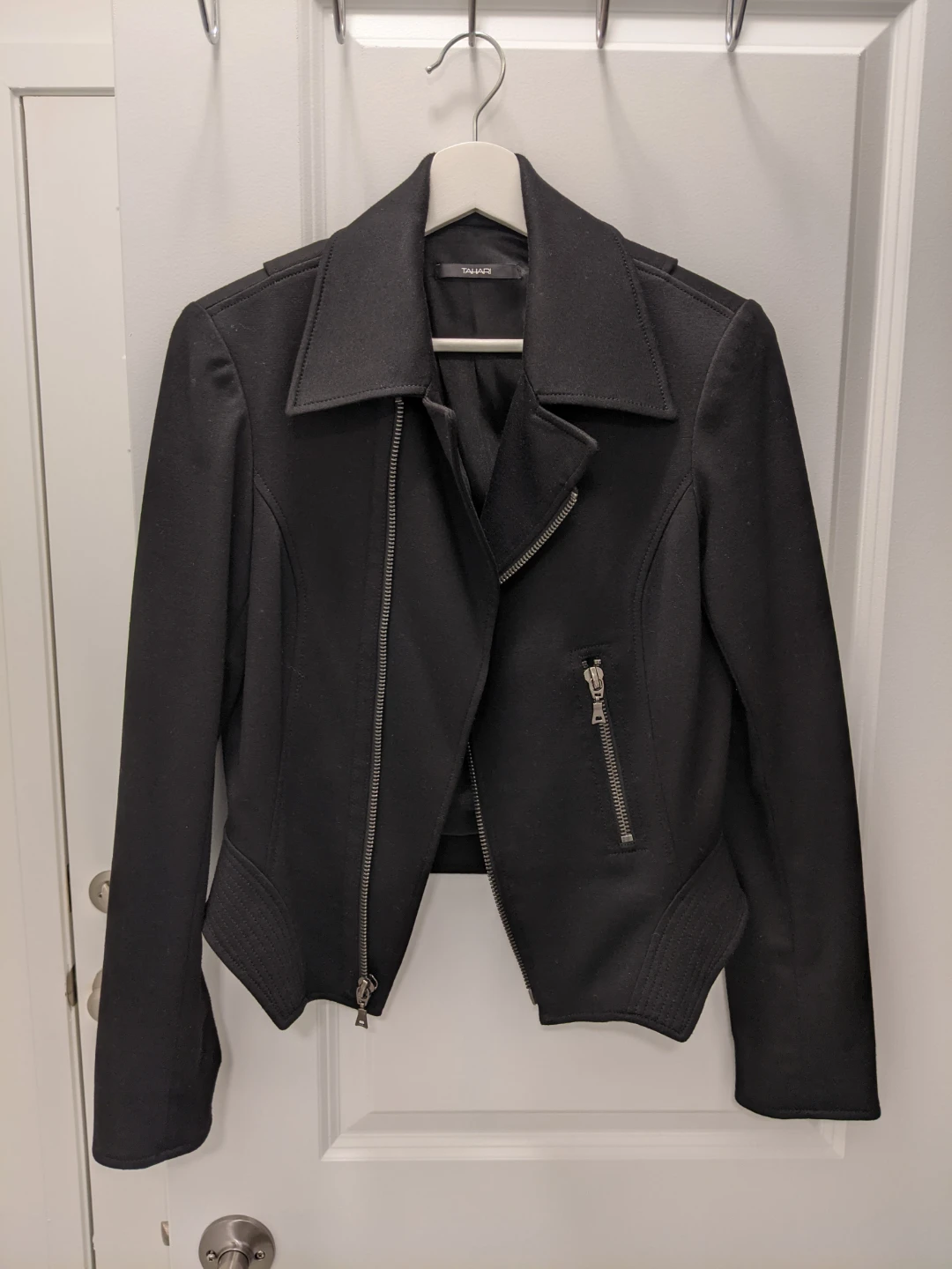 Tahari Black Asymmetric Zip Moto Jacket