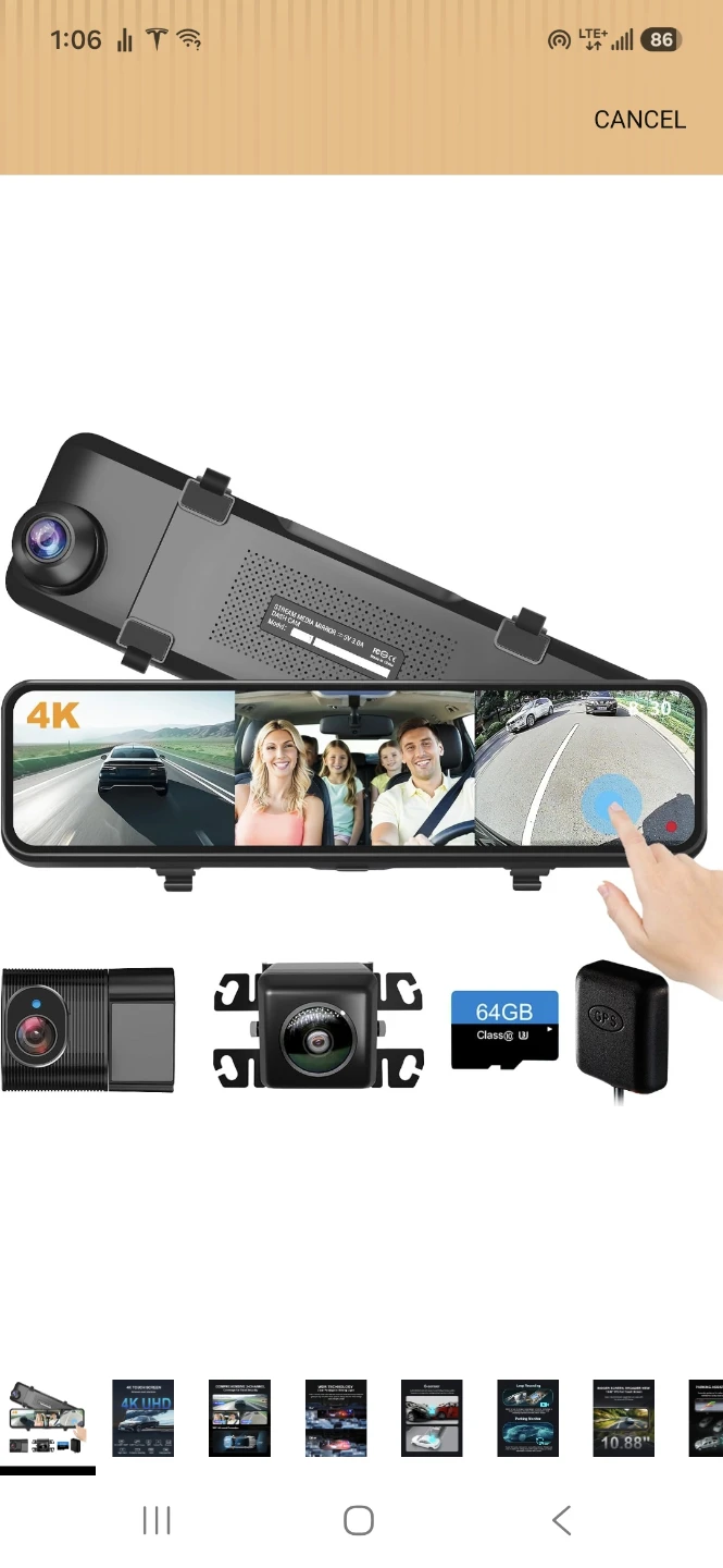 4K 3-Channel Mirror Dash Cam with 64GB Card