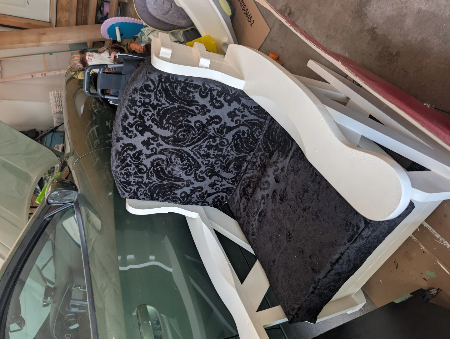 White Accent Chair with Black Damask Cushions
