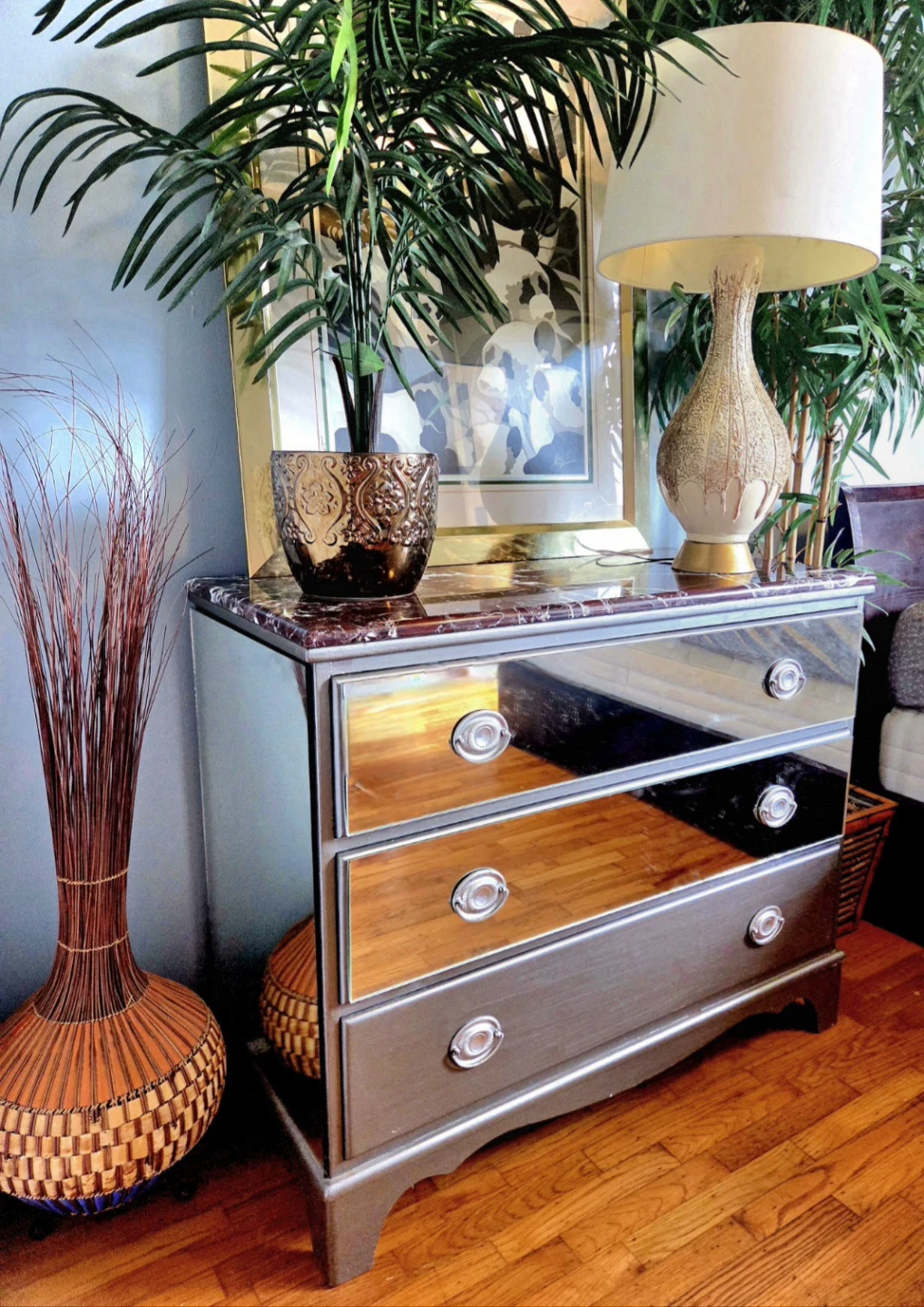Vintage Rosso Levanto Marble Top Three Drawer Mirrored Dresser - photo 3
