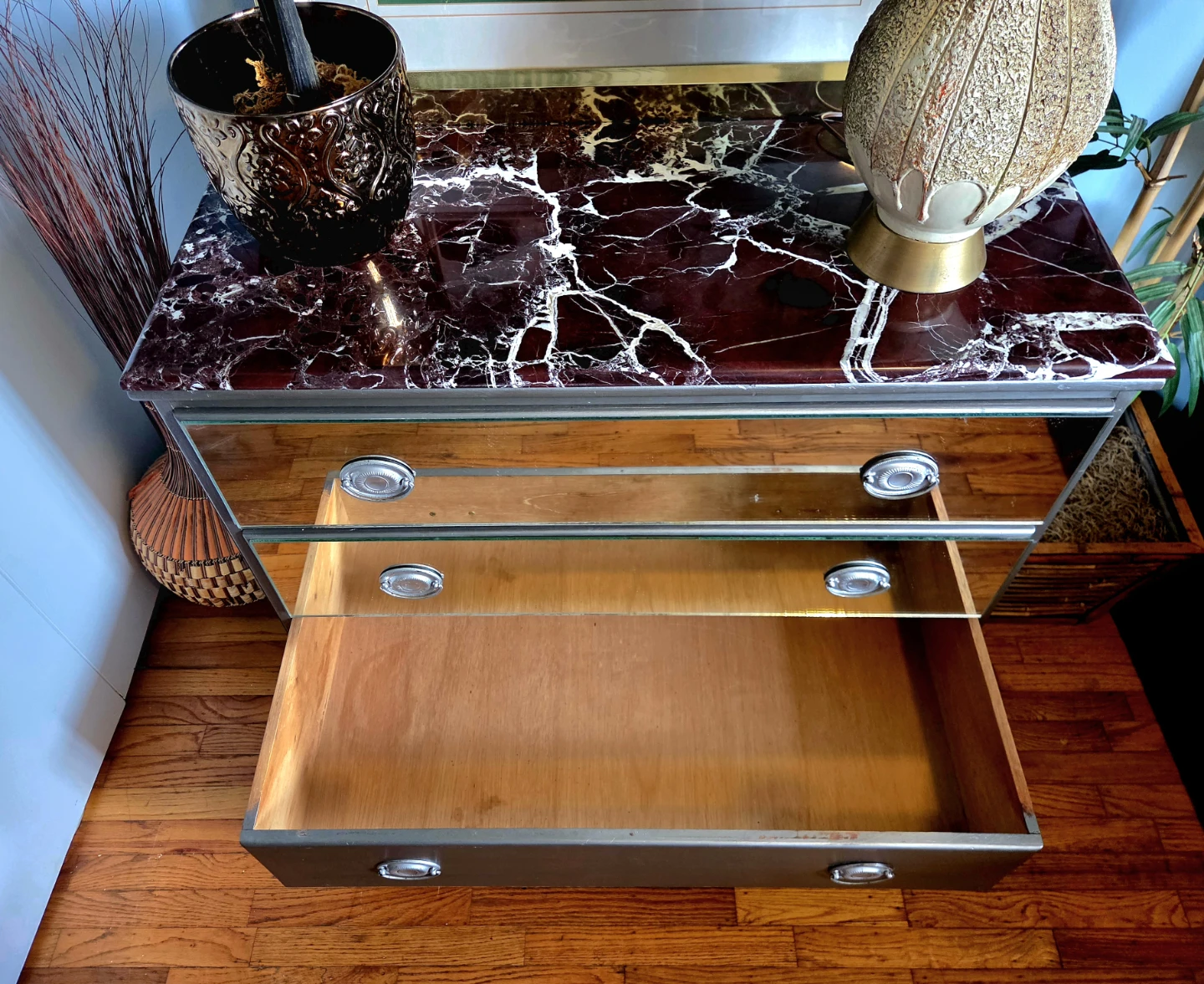 Vintage Rosso Levanto Marble Top Three Drawer Mirrored Dresser - photo 4