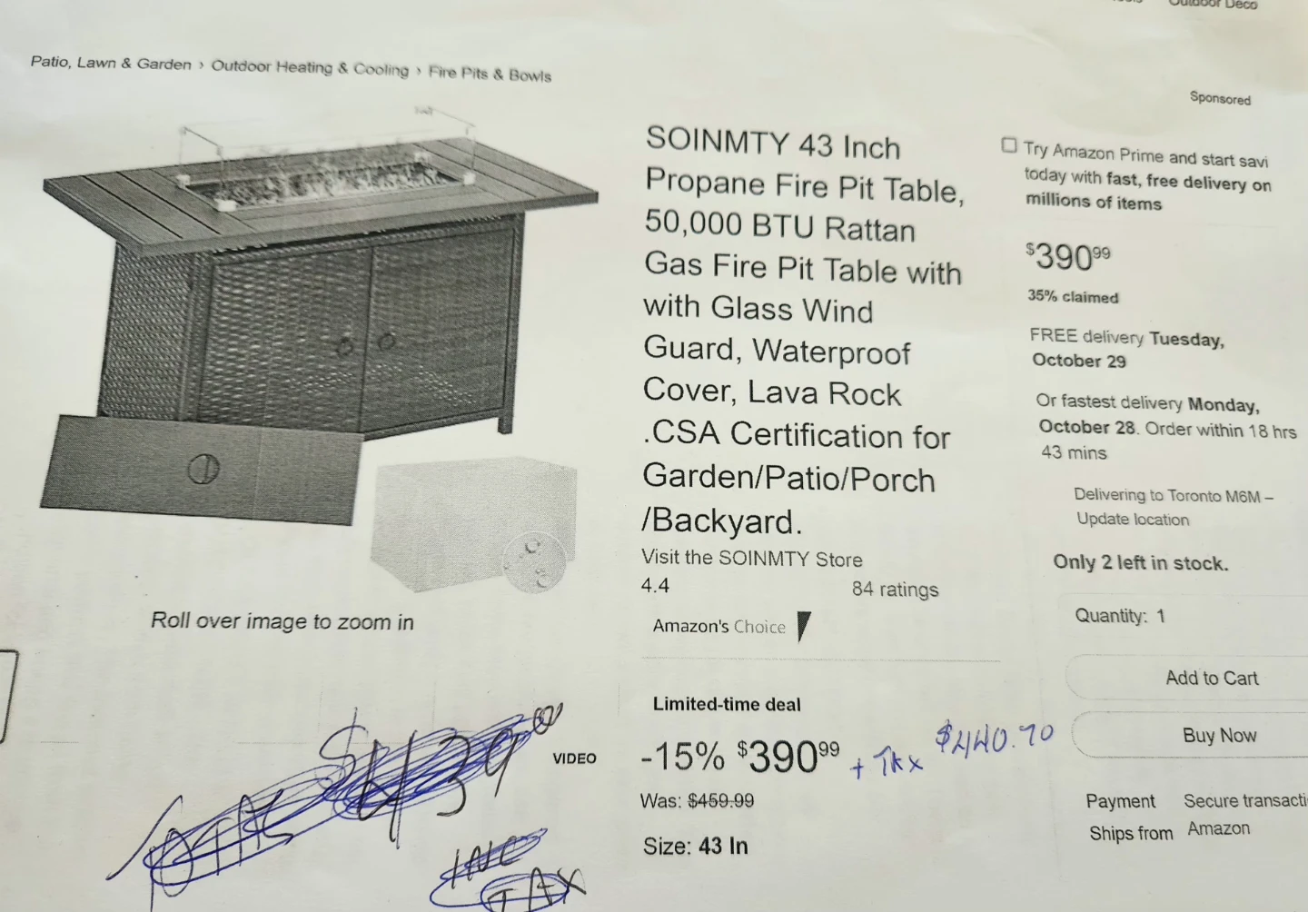 SOINMTY 43 Inch Propane Fire Pit Table - photo 2
