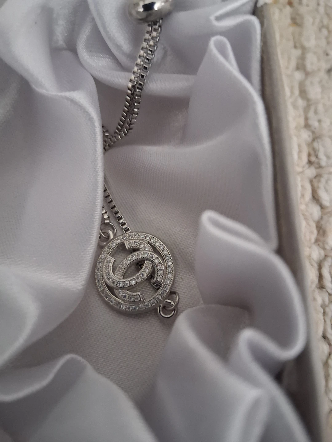 Silver Tone Chanel (cc) Charm Bracelet with CZ Stones