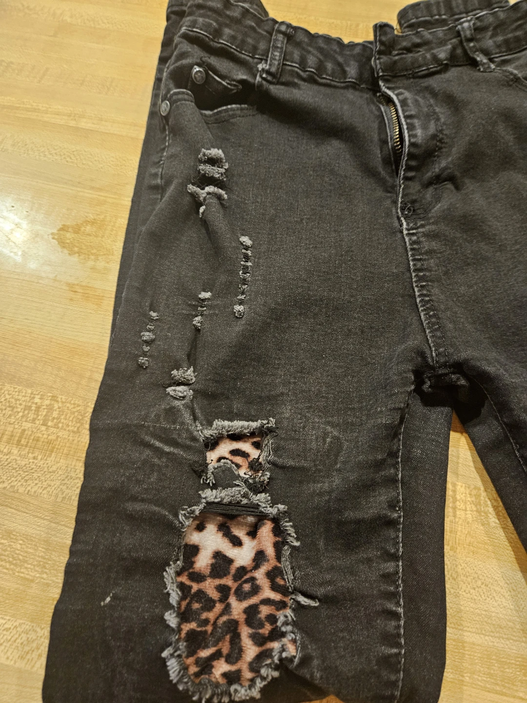 Black Distressed Skinny Jeans with Leopard Print Patches - photo 3