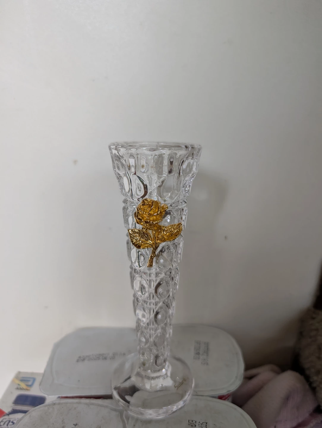 5.75" Tall Floower Vase with Gold Tone Rose Accent