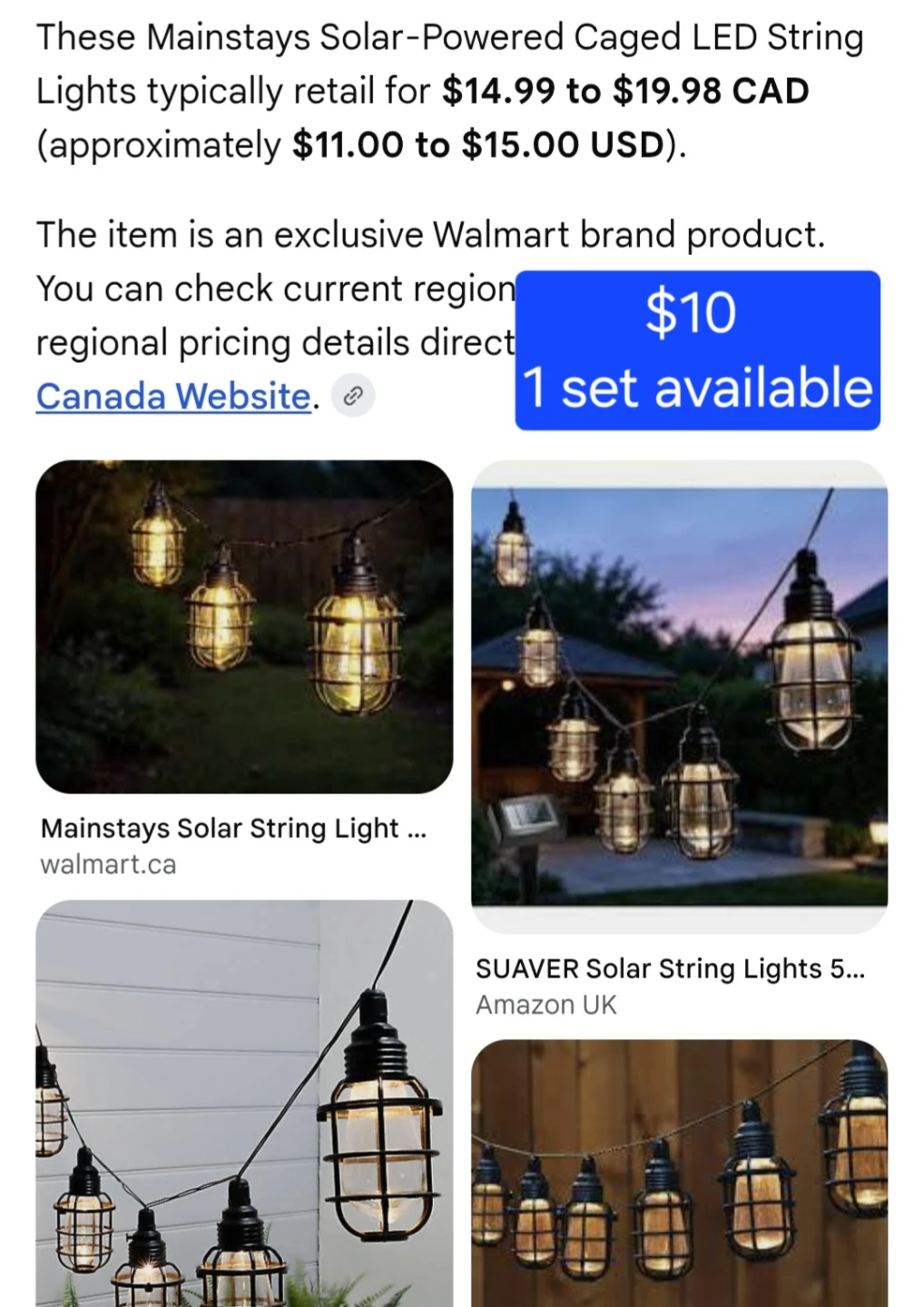 Mainstays Solar-Powered Caged LED String Lights