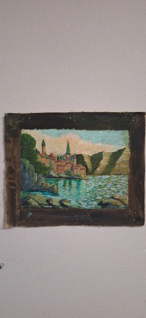 Vintage Oil Painting of a European Lakeside Town