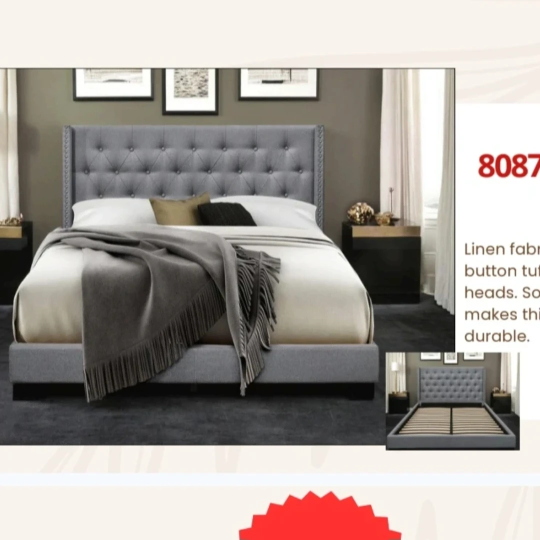 Grey Linen Tufted Headboard Bed Frame