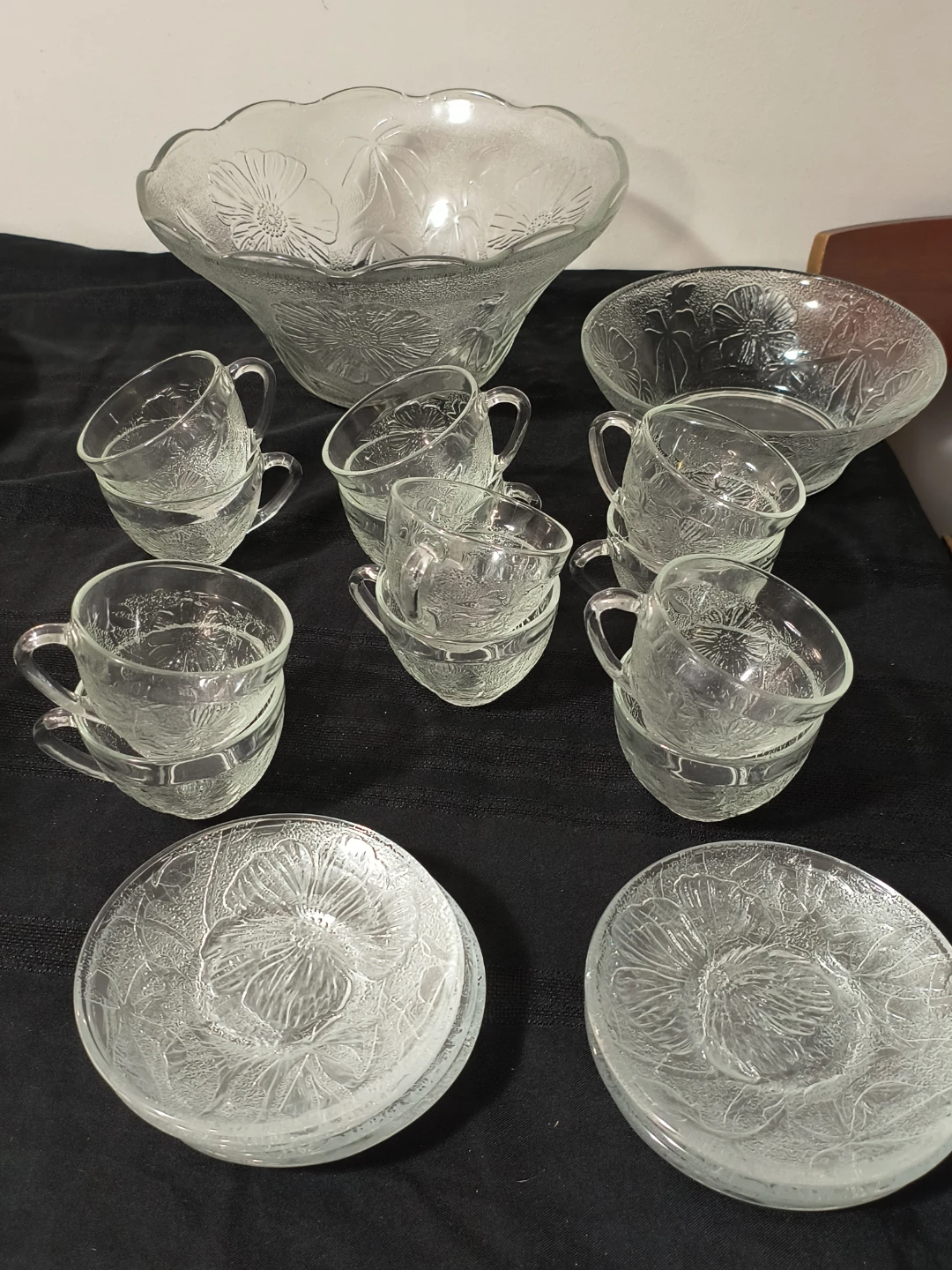 Clear Glass Punch Bowl and Cups Set with Floral Etching