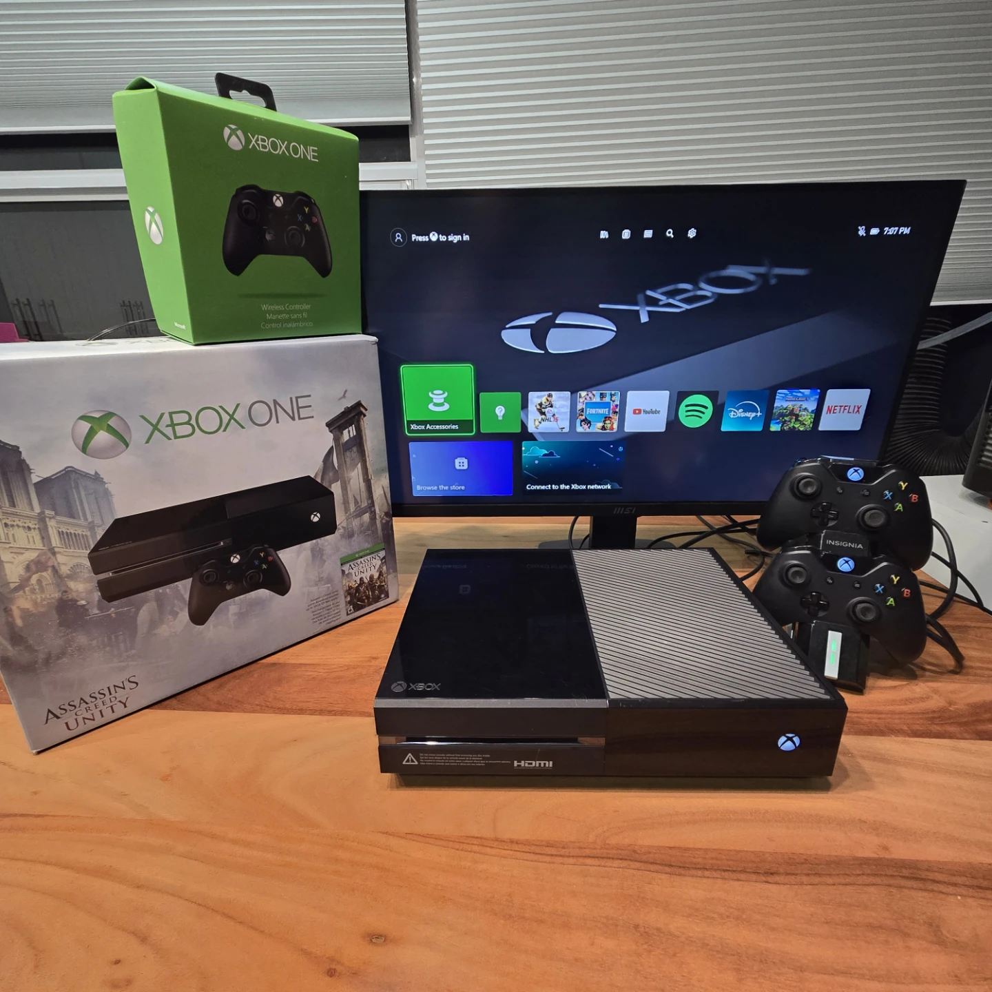 Xbox One in box. 2 controllers, charge dock. Xb1