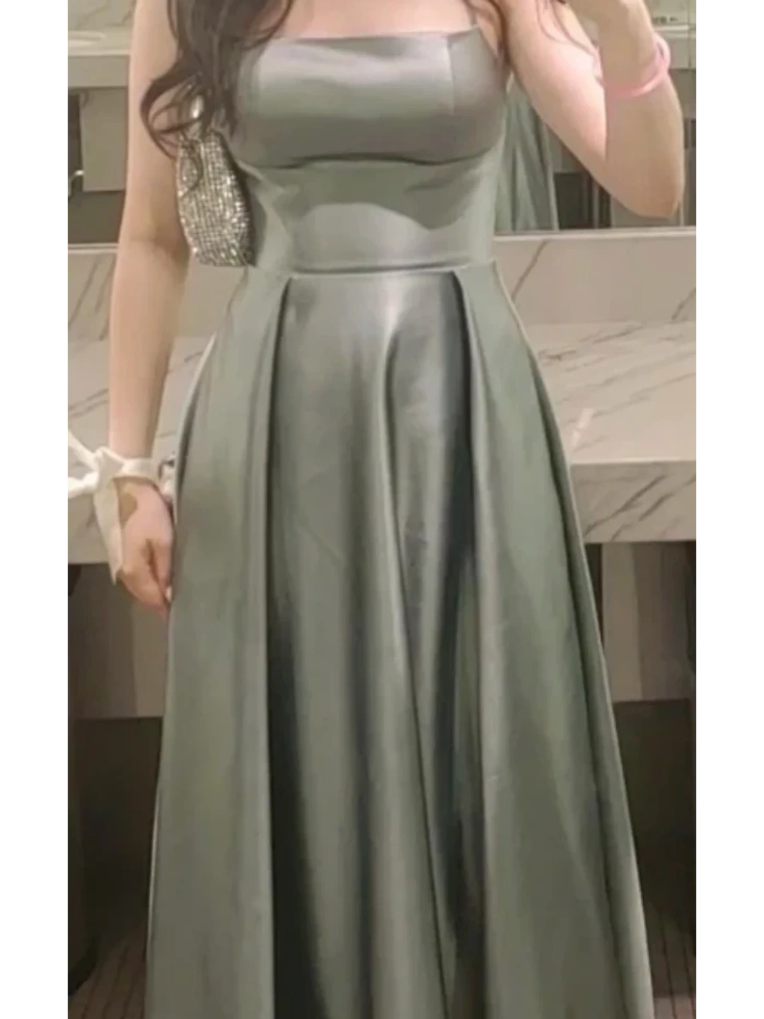 Sage Green Satin Maxi Dress with Pockets