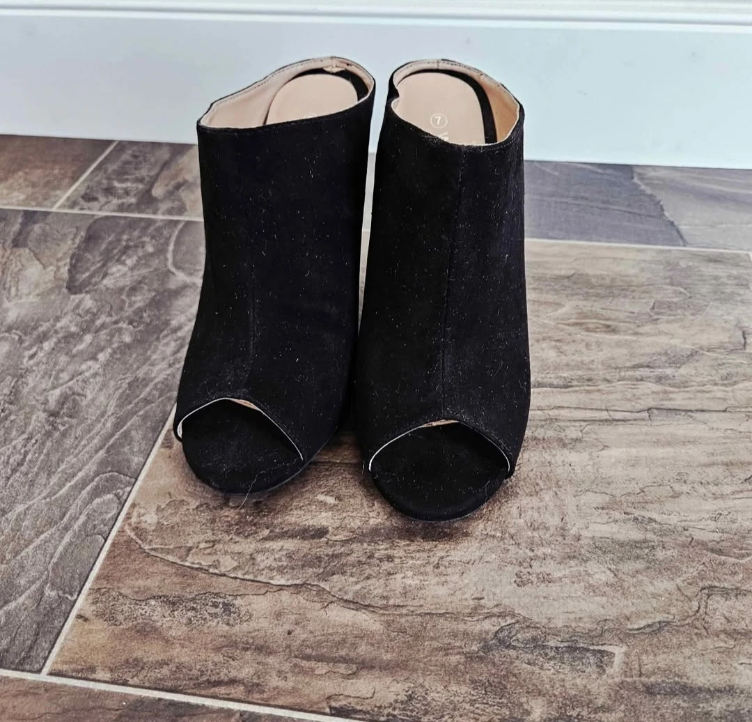 Black Peep Toe Mules - Size 7