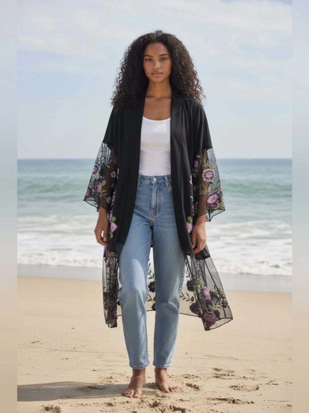 Kim & Cami Black Embroidered Kimono Large