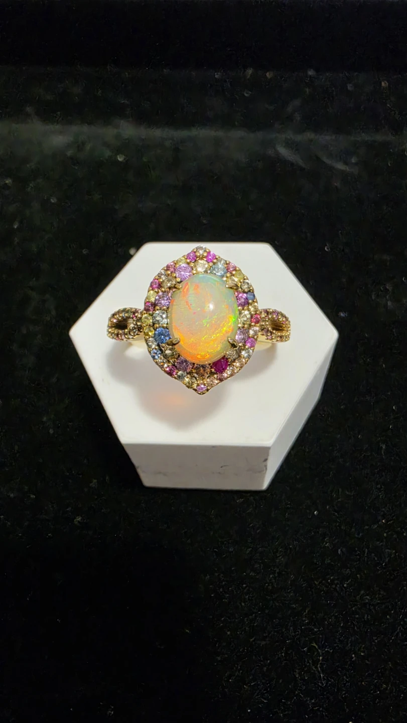 Natural Opal Ring with Multi-Coloured Sapphires - Size 8