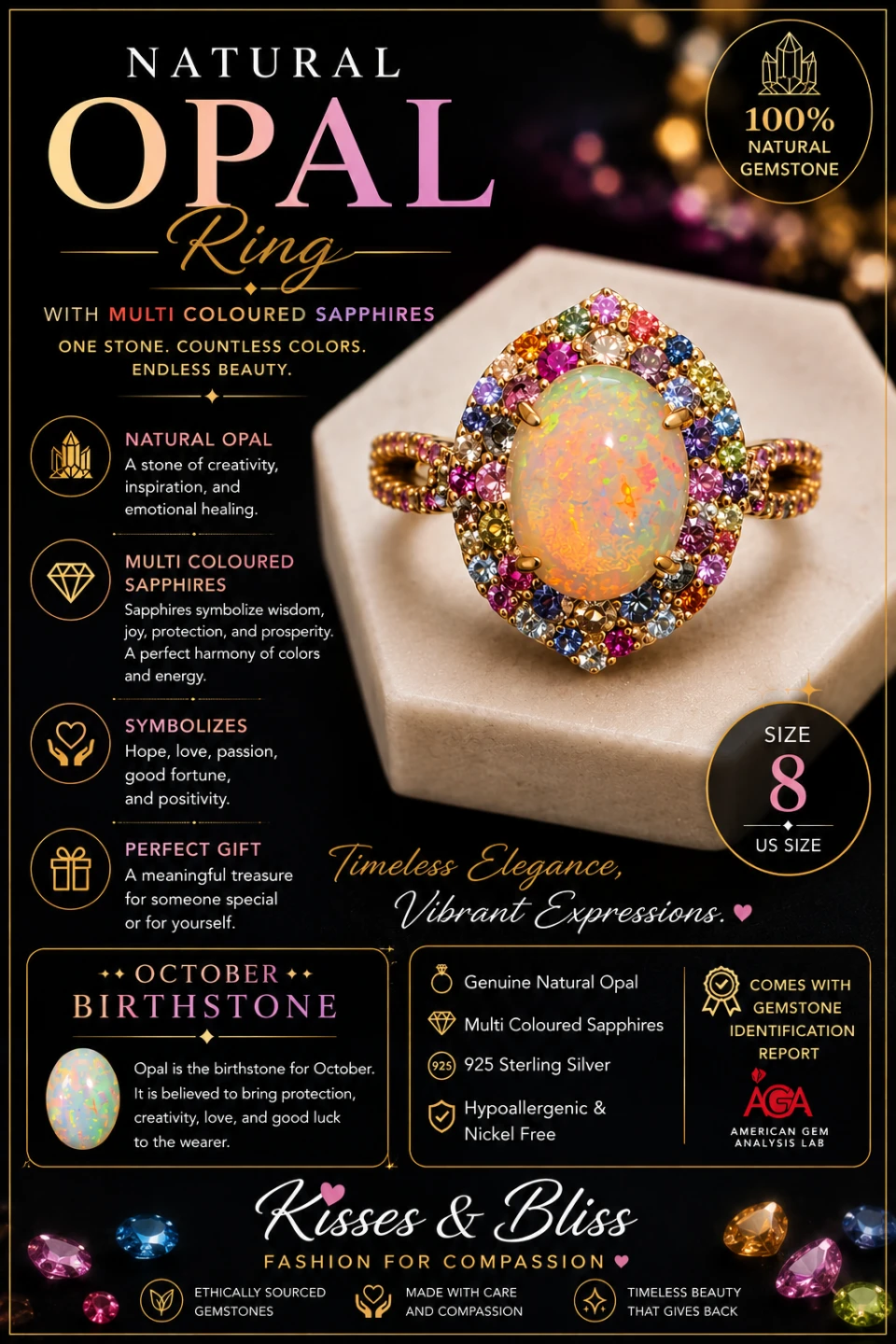 Natural Opal Ring with Multi-Coloured Sapphires - Size 8 - photo 2