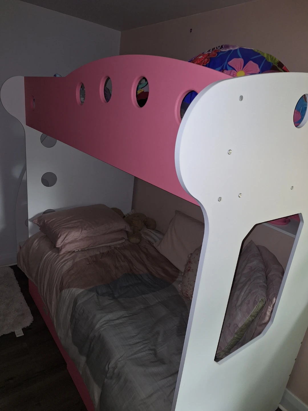 Pink and White Bunk Bed with Storage Stairs