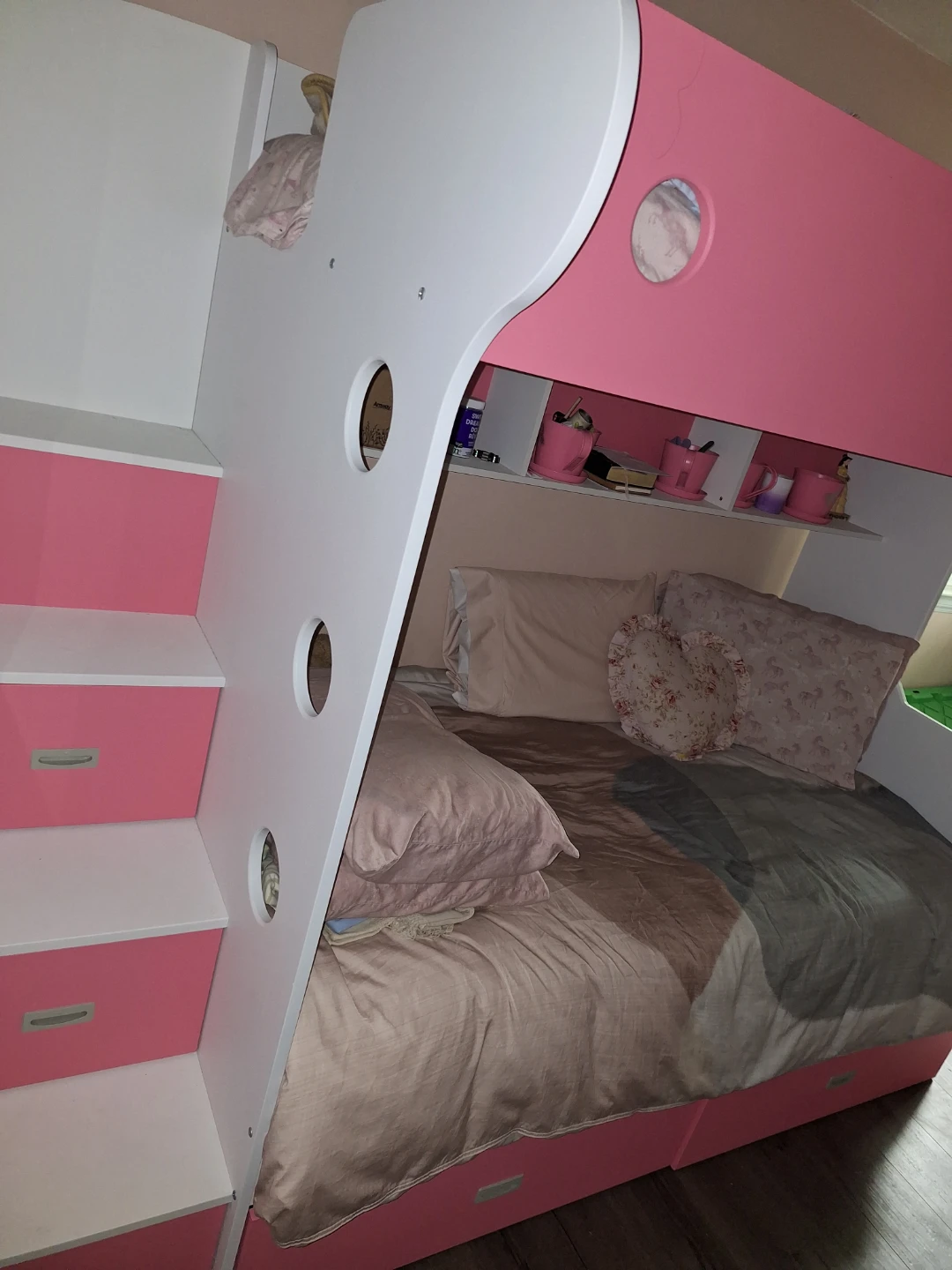 Pink and White Bunk Bed with Storage Stairs - photo 2