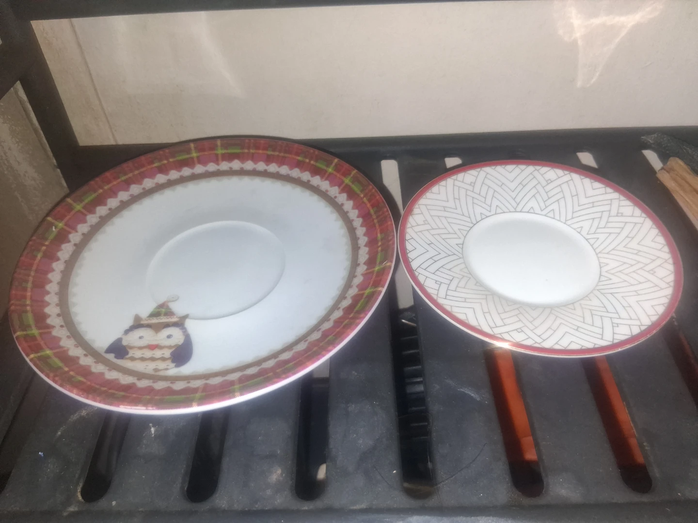Two Saucer Plates - Owl and Geometric Design