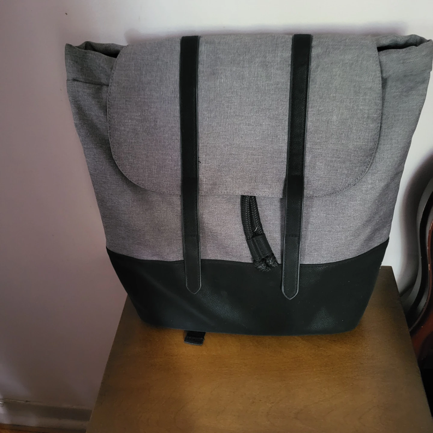 Grey Roll-Top Backpack with Faux Leather Base
