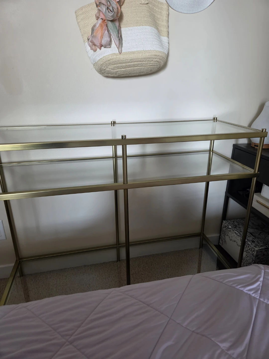 Gold Metal Console Table with Glass Shelves