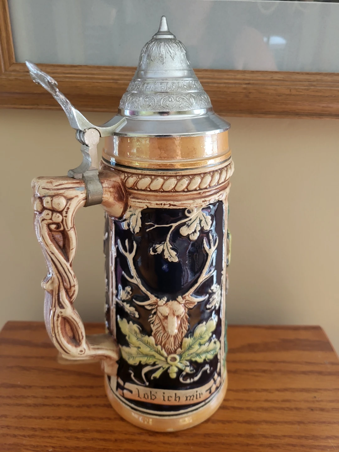 Vintage Ceramic Beer Stein with Pewter Lid