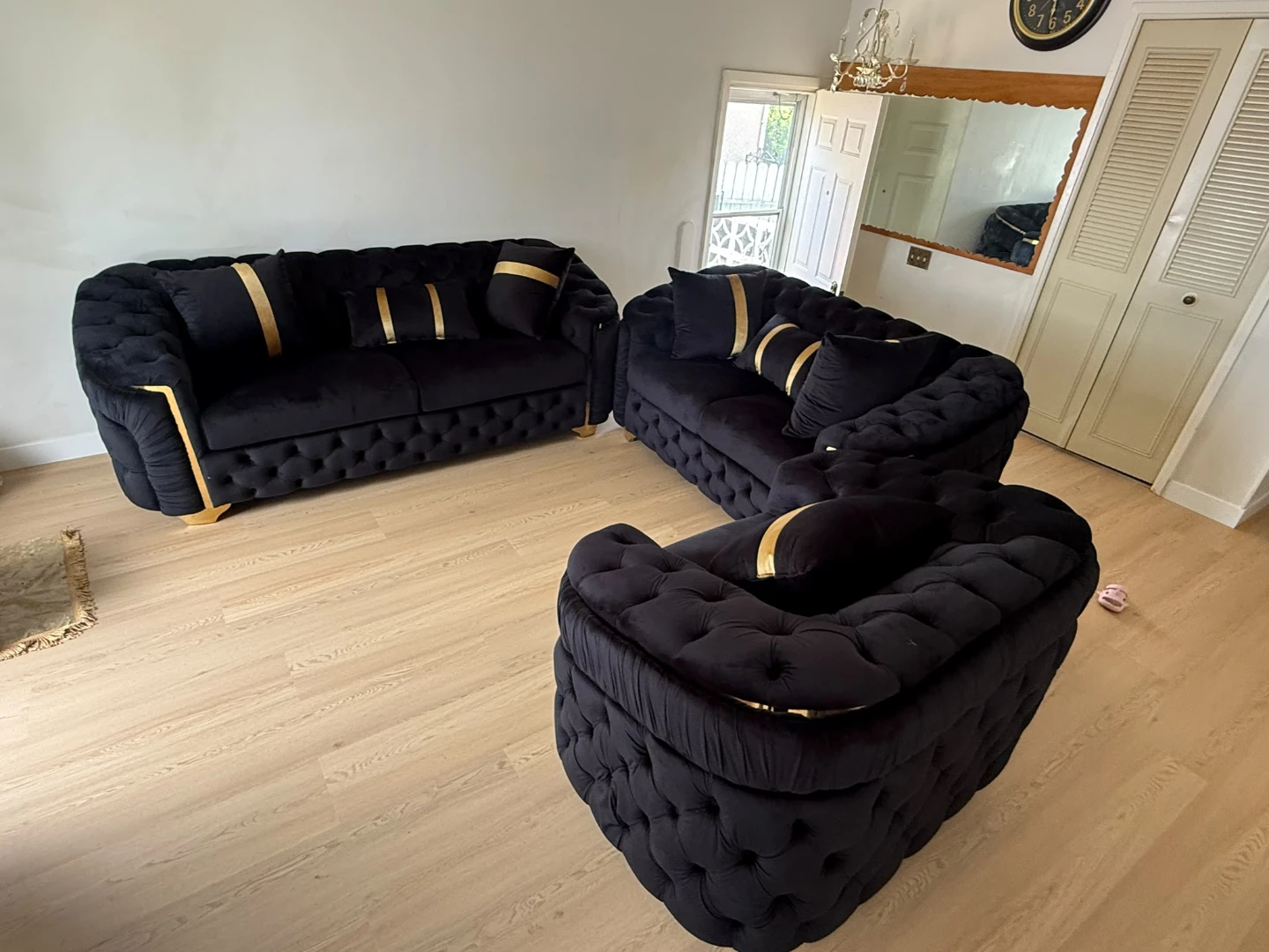 Black Velvet Sofa Set with Gold Accents