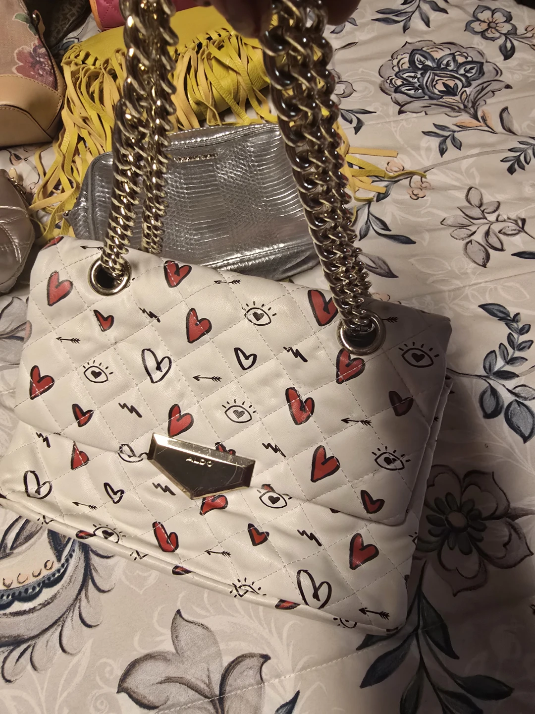 ALDO White Quilted Handbag with Hearts and Eyes Pattern