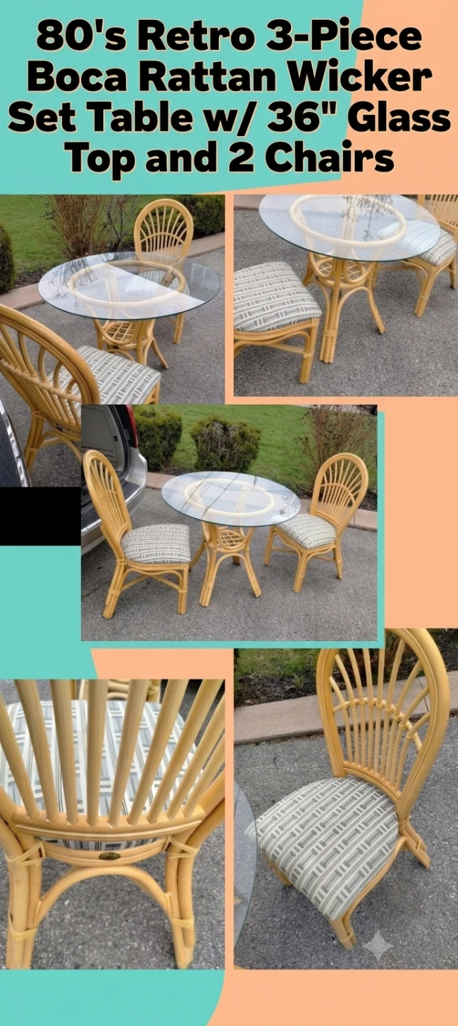 80's Retro 3-Piece Boca Rattan Wicker Set Table
