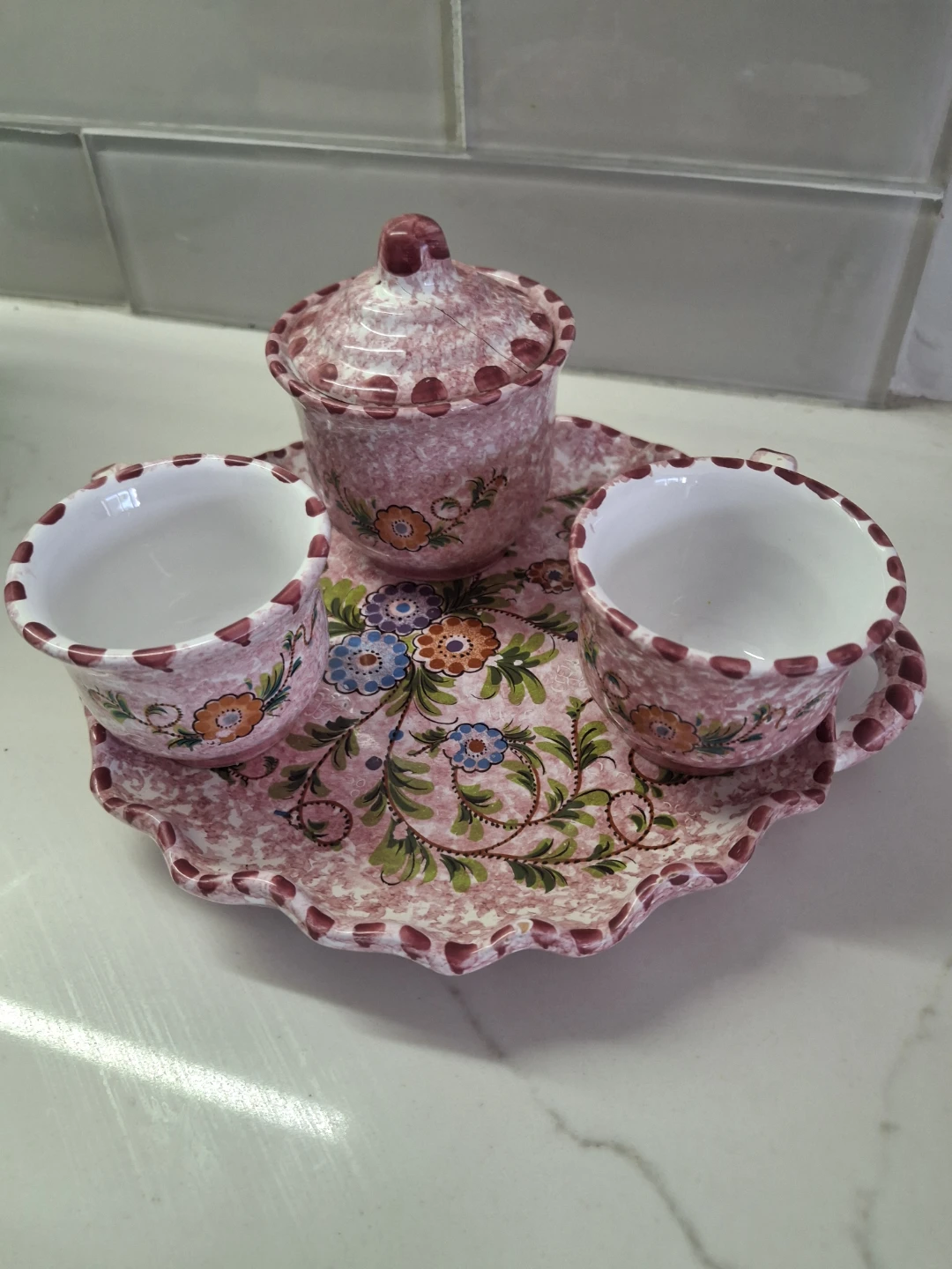 Pink Floral Ceramic Serving Tray with Cups and Lidded Dish - photo 2