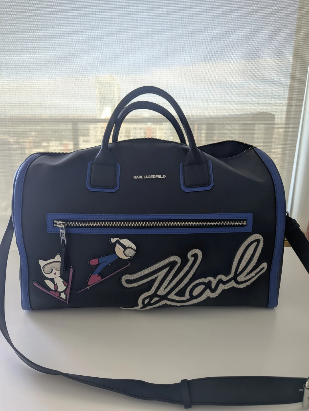 Karl Lagerfeld Black Duffle Bag with Blue Accents