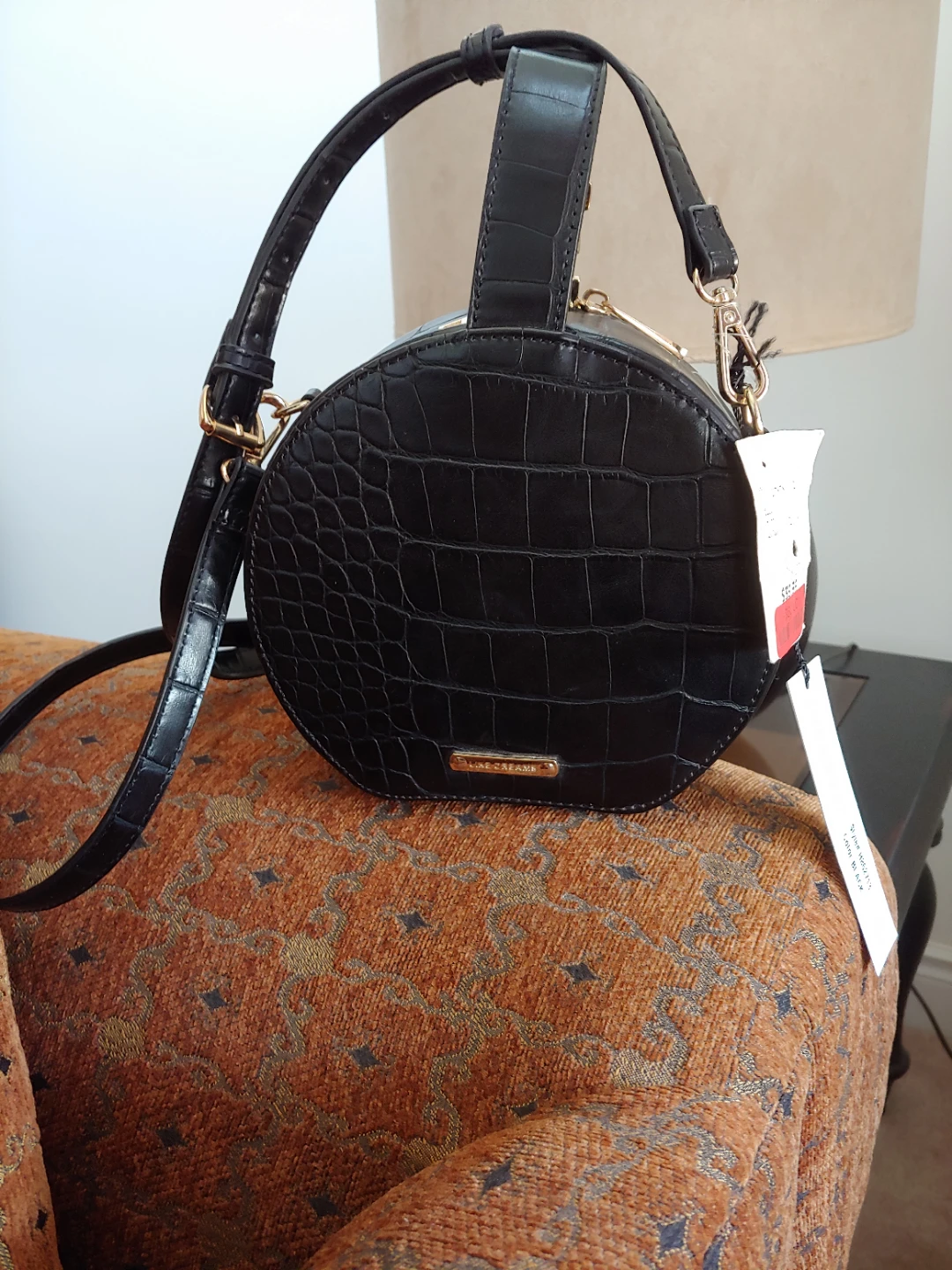 Black Croc-Embossed Round Shoulder Bag