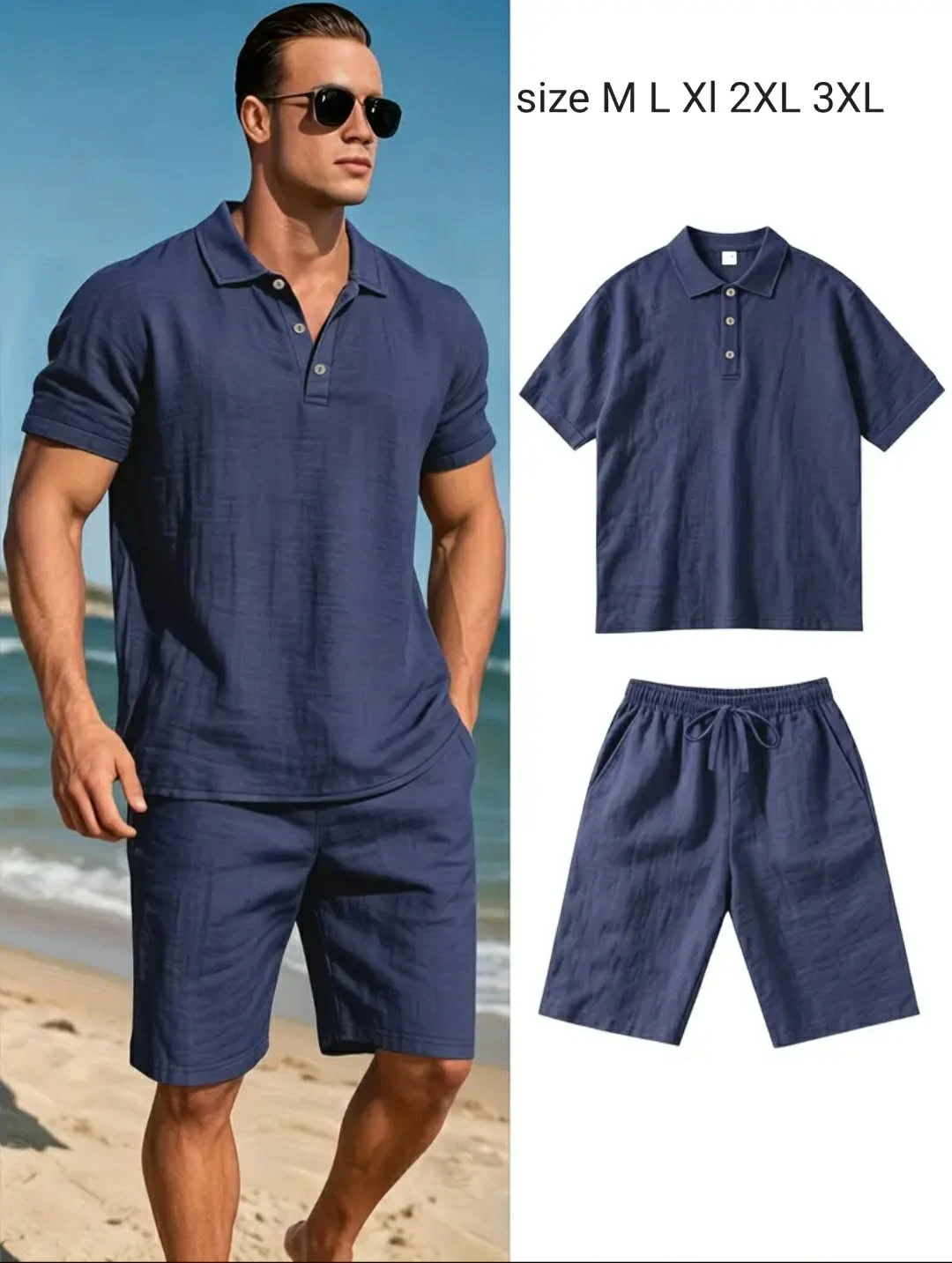 Men's Linen Polo Shirt and Shorts Set - photo 2