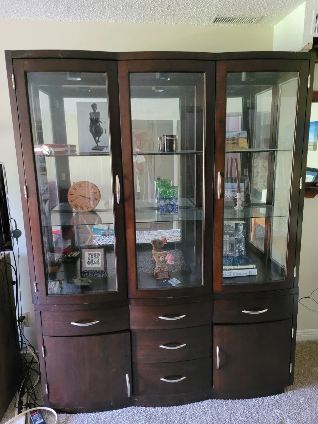 Dark Wood Display Cabinet with Glass Doors and Drawers - photo 3