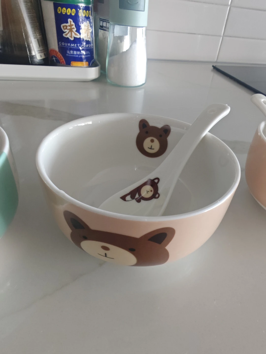 Cute Bear Ceramic Bowl and Spoon Set