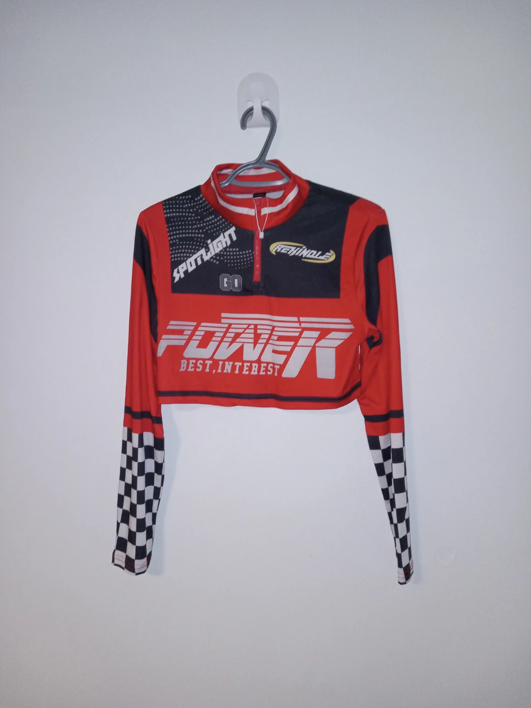 Shein Red "Power" Cropped Long Sleeve Shirt