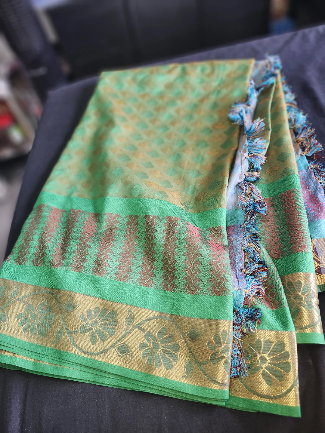 Green Silk Blend Saree with Tassels